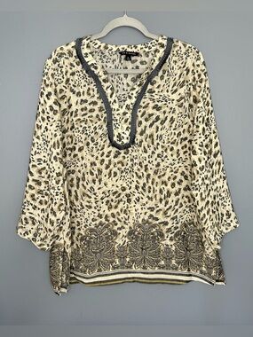 Zac & Rachel Tunic Blouse Womens XL Beige Leopard Boho Art V Neck 3/4 Sleeve Top